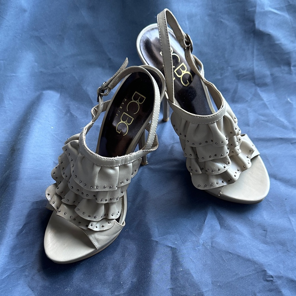 BCBG Women's Beige Ruffle Heels